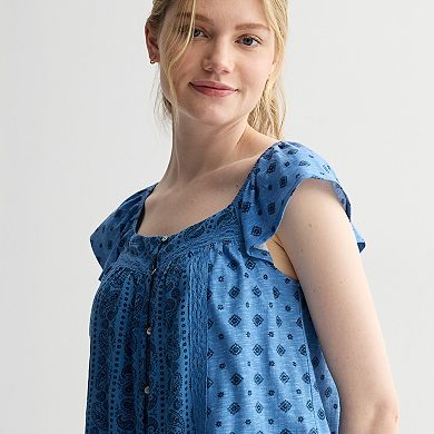 Juniors' Rewind Button-Front Knit Woven Top