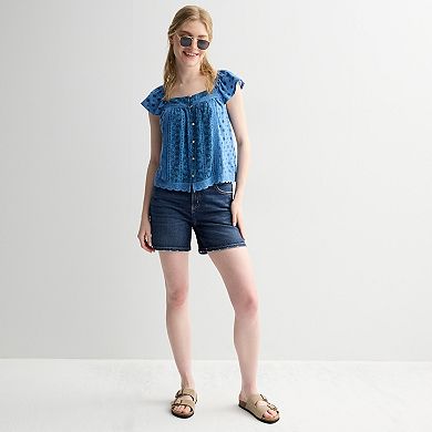 Juniors' Rewind Button-Front Knit Woven Top
