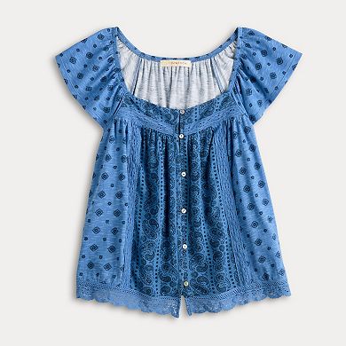 Juniors' Rewind Button-Front Knit Woven Top