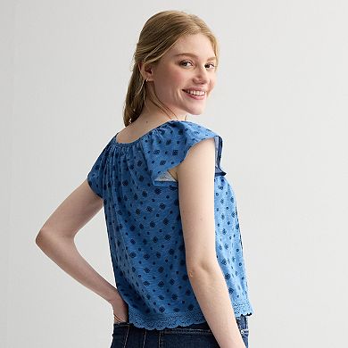 Juniors' Rewind Button-Front Knit Woven Top