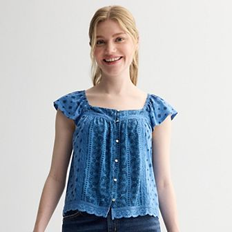 Juniors' Rewind Button-Front Knit Woven Top