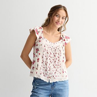 Juniors' Rewind Button-Front Knit Woven Top