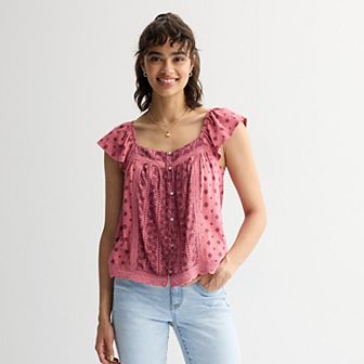 Juniors' Rewind Button-Front Knit Woven Top
