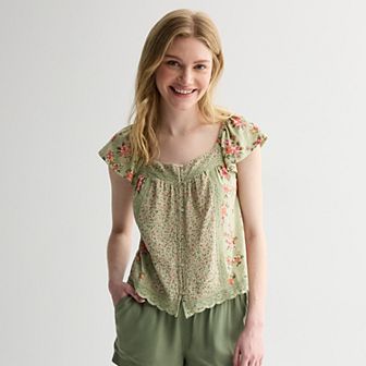 Juniors' Rewind Button-Front Knit Woven Top