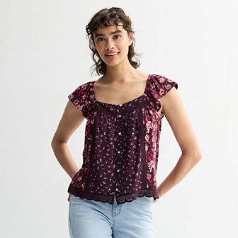 Juniors' Rewind Button-Front Knit Woven Top