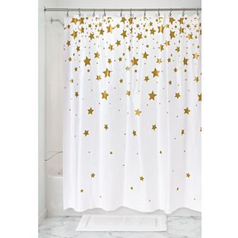 iDesign Falling Stars Shower Curtain – 11.5” L x 9.3” W x 1.3” H, White and Gold Bathroom Curtain