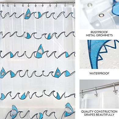 iDesign Shark Shower Curtain – 11.45” L x 9.35” W x 1.4” H, Blue Bathroom Curtain