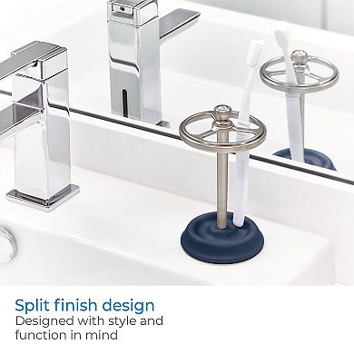 iDesign Ceramic and Steel Toothbrush Holder with Three Divided Compartments, The York Collection – 6.4” x 3.5” x 3.8”, Matte Navy & Brushed Nickel