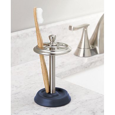iDesign Ceramic and Steel Toothbrush Holder with Three Divided Compartments, The York Collection – 6.4” x 3.5” x 3.8”, Matte Navy & Brushed Nickel