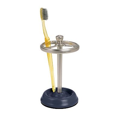 iDesign Ceramic and Steel Toothbrush Holder with Three Divided Compartments, The York Collection – 6.4” x 3.5” x 3.8”, Matte Navy & Brushed Nickel