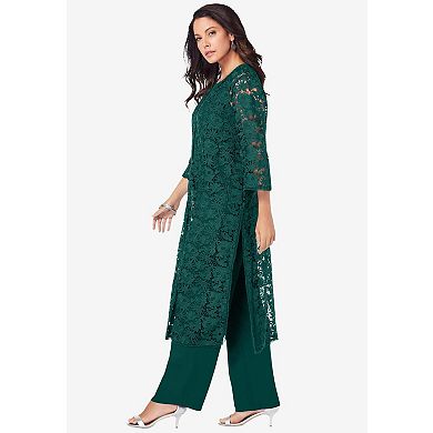 Roaman's Women's Plus Size Petite Plus Size 3-Piece Allover Lace Duster Pant Set Formal Wear