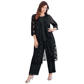 Roaman's Women's Plus Size Petite Plus Size 3 pc Allover Lace Duster Pant Set Formal Wear