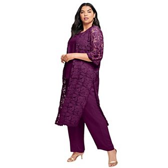 Roaman's Women's Plus Size Petite Plus Size 3 pc Allover Lace Duster Pant Set Formal Wear