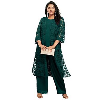Roaman's Women's Plus Size Petite Plus Size 3 pc Allover Lace Duster Pant Set Formal Wear