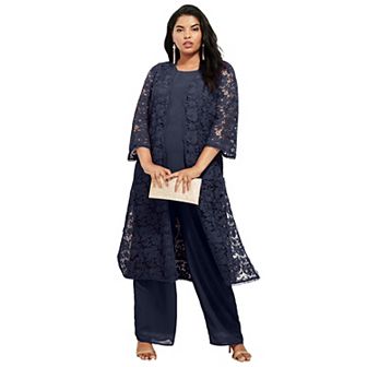 Roaman's Women's Plus Size Petite Plus Size 3 pc Allover Lace Duster Pant Set Formal Wear
