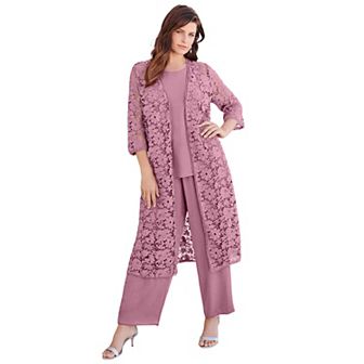 Roaman's Women's Plus Size Petite Plus Size 3 pc Allover Lace Duster Pant Set Formal Wear
