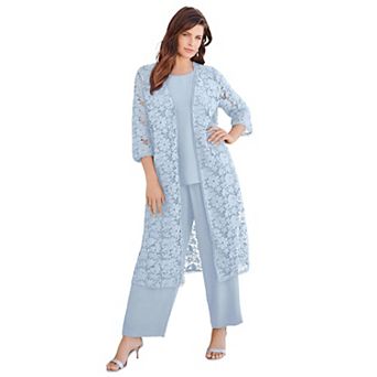 Roaman's Women's Plus Size Petite Plus Size 3 pc Allover Lace Duster Pant Set Formal Wear