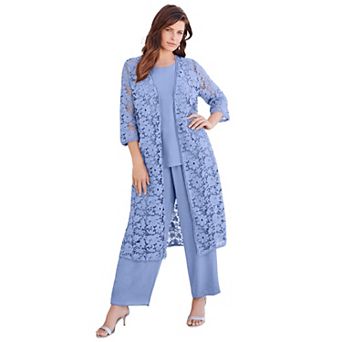 Roaman's Women's Plus Size Petite Plus Size 3 pc Allover Lace Duster Pant Set Formal Wear