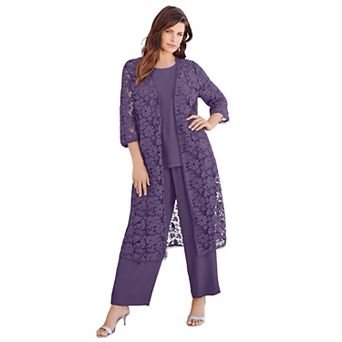 Roaman's Women's Plus Size Petite Plus Size 3 pc Allover Lace Duster Pant Set Formal Wear
