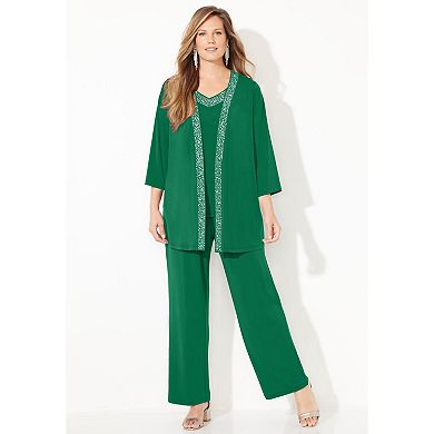 Catherines Women's Plus Size 2-Piece Beaded Mesh Sleeve Pant Set