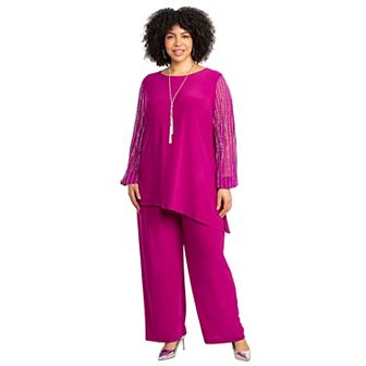 Catherines Women's Plus Size 2 pc Beaded Mesh Sleeve Pant Set
