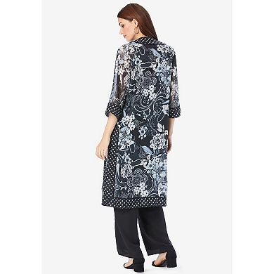 Roaman's Women's Plus Size Plus-Size 3/4 Sleeve 3 Piece Ity Printed Duster Pant Set