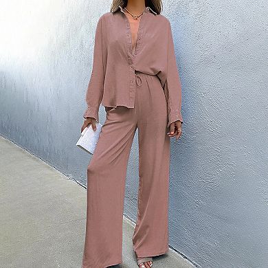 Women's Casual 2 Piece Lounge Sets Long Sleeve Button Down Shirt High Waist Drawstring Outfit Sets