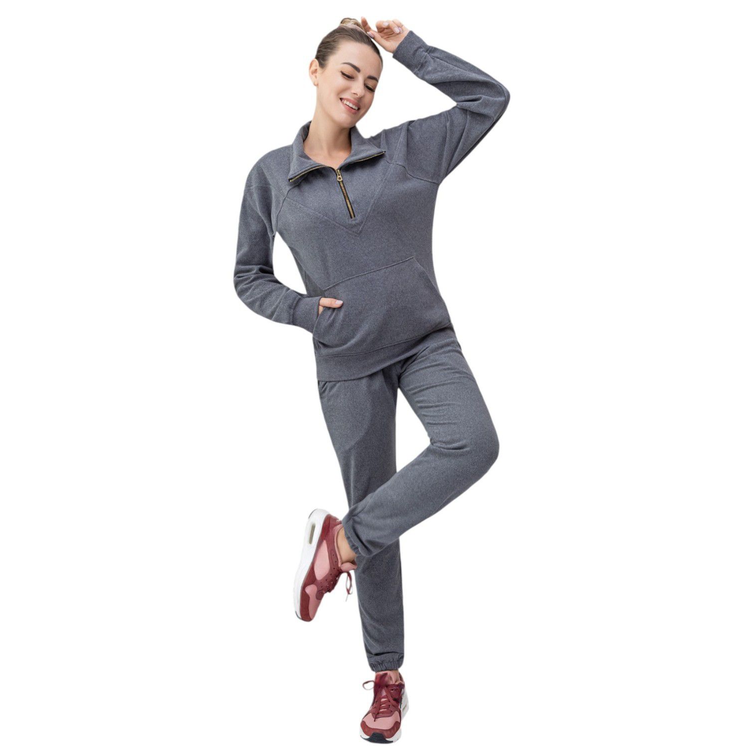Women's 2-Piece Quarter Zip Sweatsuit Soft Stretch Fleece outfit