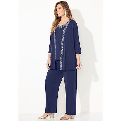 Catherines Women's Plus Size Petite Beaded 3-Piece Cardigan Pant Suit