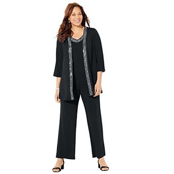 Catherines Women's Plus Size Petite Beaded 3 pc Cardigan Pant Set