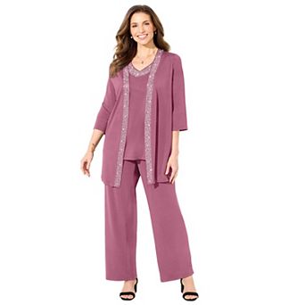 Catherines Women's Plus Size Petite Beaded 3 pc Cardigan Pant Set
