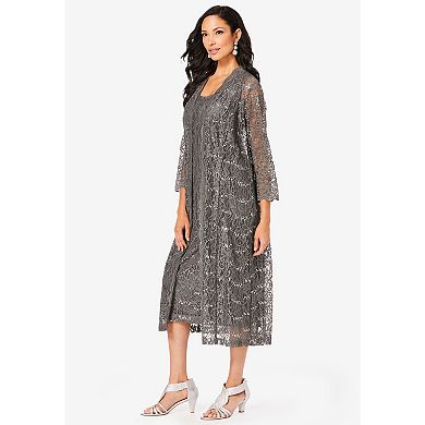 Roaman's Women's Plus Size 3/4 Sleeve Formal Duster Sequin Embellished Lace Dress Set