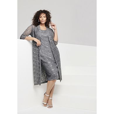 Roaman's Women's Plus Size 3/4 Sleeve Formal Duster Sequin Embellished Lace Dress Set