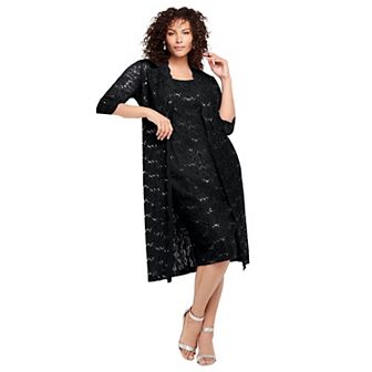 Roaman's Women's Plus Size Plus Size 3/4 Sleeve Formal Duster Sequin Embellished Lace Dress Set