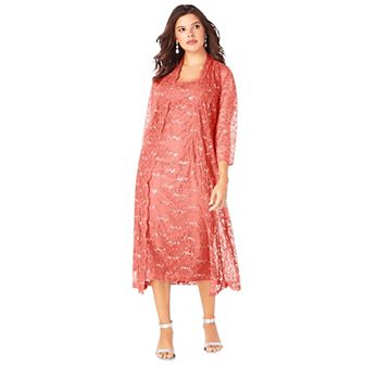 Roaman's Women's Plus Size Plus Size 3/4 Sleeve Formal Duster Sequin Embellished Lace Dress Set