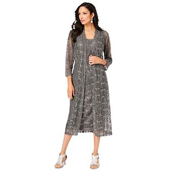Roaman's Women's Plus Size Plus Size 3/4 Sleeve Formal Duster Sequin Embellished Lace Dress Set