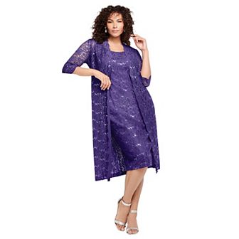 Roaman's Women's Plus Size Plus Size 3/4 Sleeve Formal Duster Sequin Embellished Lace Dress Set