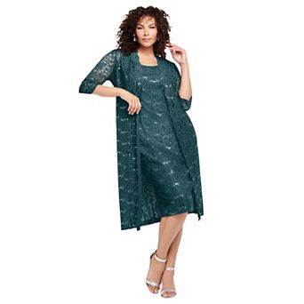 Roaman's Women's Plus Size 3/4 Sleeve Formal Duster Sequin Embellished Lace Dress Set