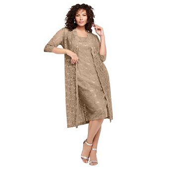 Roaman's Women's Plus Size 3/4 Sleeve Formal Duster Sequin Embellished Lace Dress Set