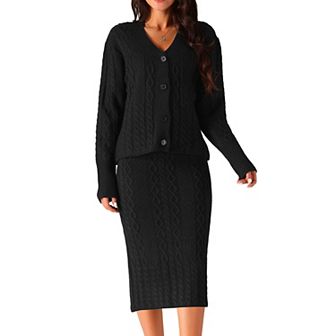 Womens' Fall Winter Casual Sweater Sets V Neck Cardigan Two Piece Outfit Midi Skirts Lounge Set
