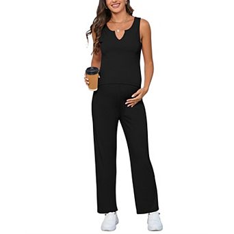Women's Maternity 2 pc Outfits Rib Knit Tank Top And Drawstring Waist Wide Leg Pants Lounge Set