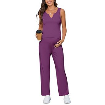 Women's Maternity 2 pc Outfits Rib Knit Tank Top And Drawstring Waist Wide Leg Pants Lounge Set