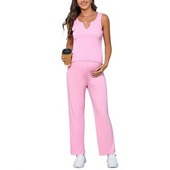Women's Maternity 2 pc Outfits Rib Knit Tank Top And Drawstring Waist Wide Leg Pants Lounge Set