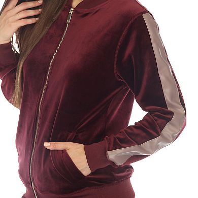 Women's Two Piece Velour Set with Faux Leather Stripe