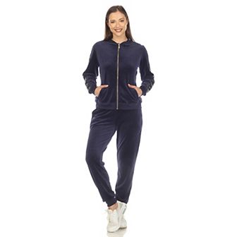 Women's Two Piece Velour Set with Faux Leather Stripe