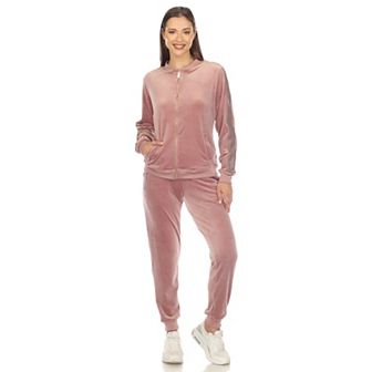 Women's Two Piece Velour Set with Faux Leather Stripe