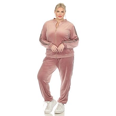 Plus Size Two Piece Velour Set with Faux Leather Stripe