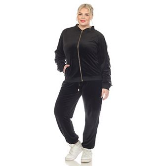 Plus Size Two Piece Velour Set with Faux Leather Stripe