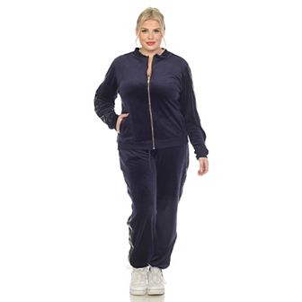Plus Size Two Piece Velour Set with Faux Leather Stripe