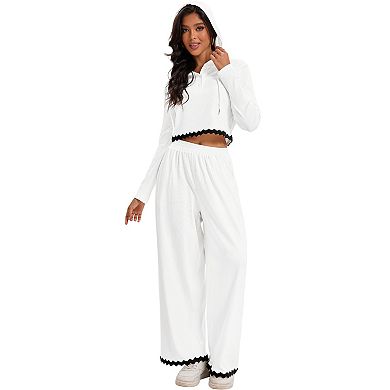 Women's Casual Lounge Sets Cropped Half Button Hoodie Top Wide Leg Pants Ribbed Knit Tracksuit